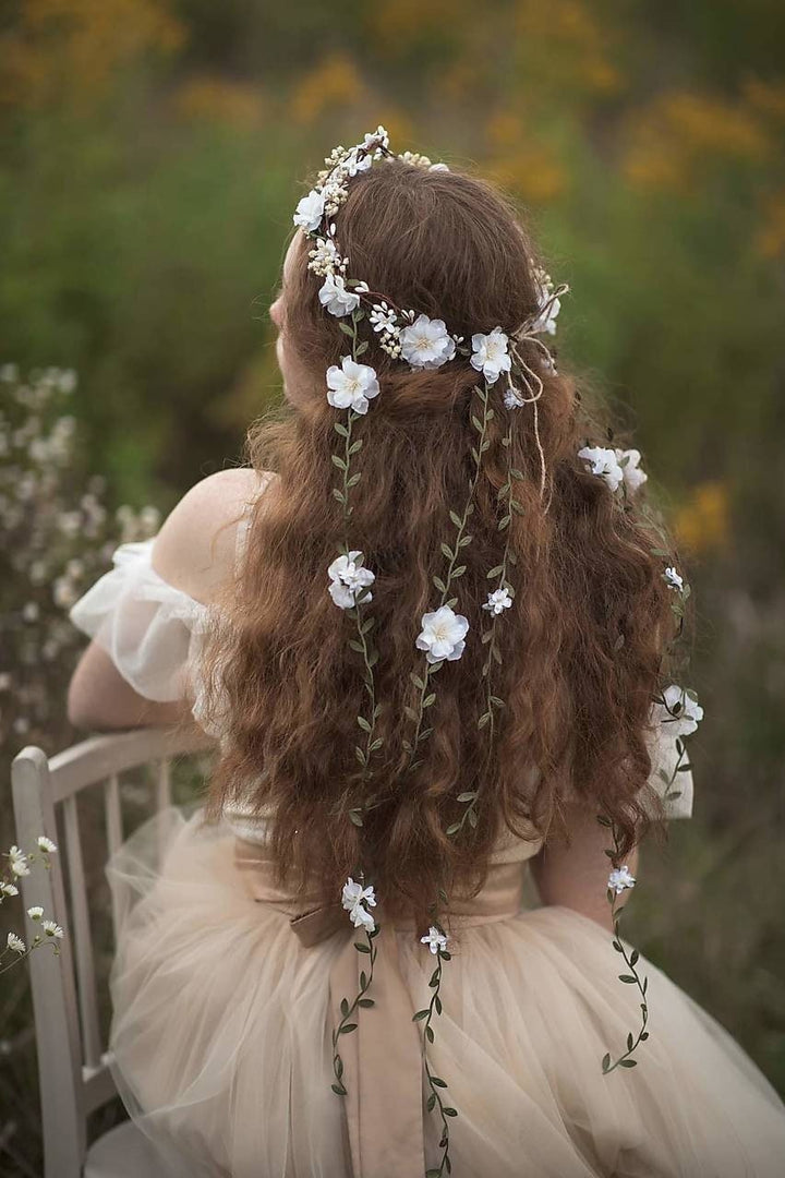 White Flower Bridal Hair Wreath: Romantic Vine Crown – handmade floral hair accessory by magaela