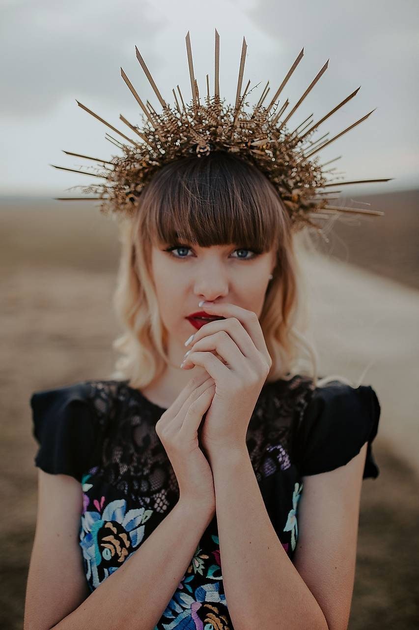 Golden Spiked Halo Crown: Wedding Sunburst Flower Hair Accessory – handmade floral hair accessory by magaela
