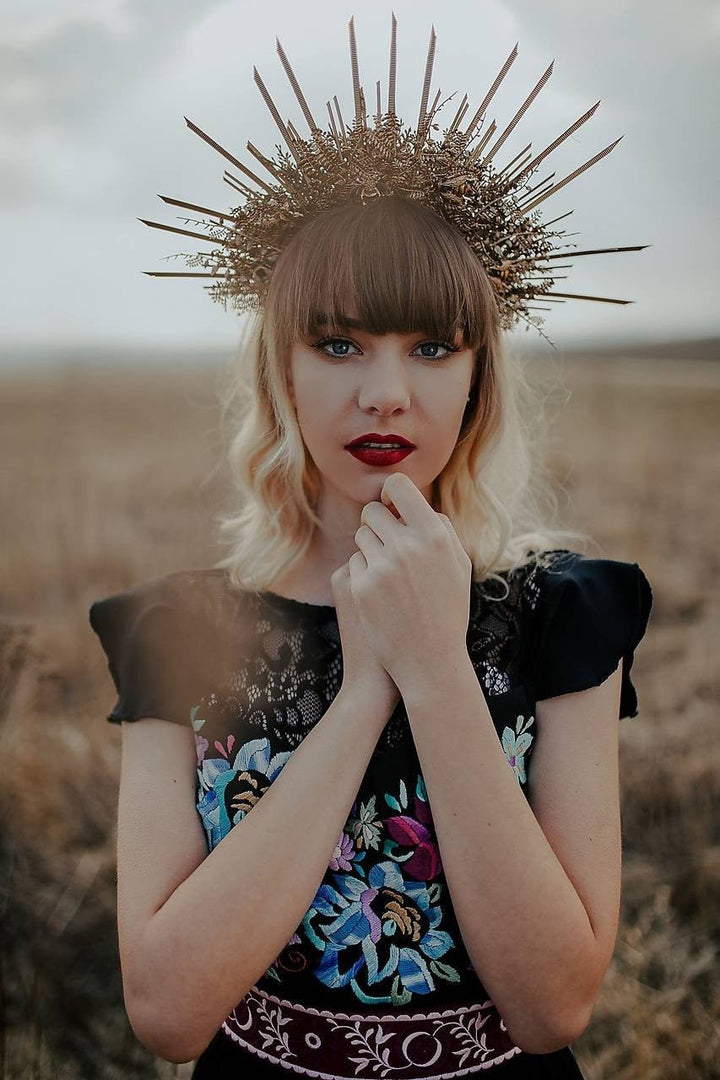 Golden Spiked Halo Crown: Wedding Sunburst Flower Hair Accessory – handmade floral hair accessory by magaela