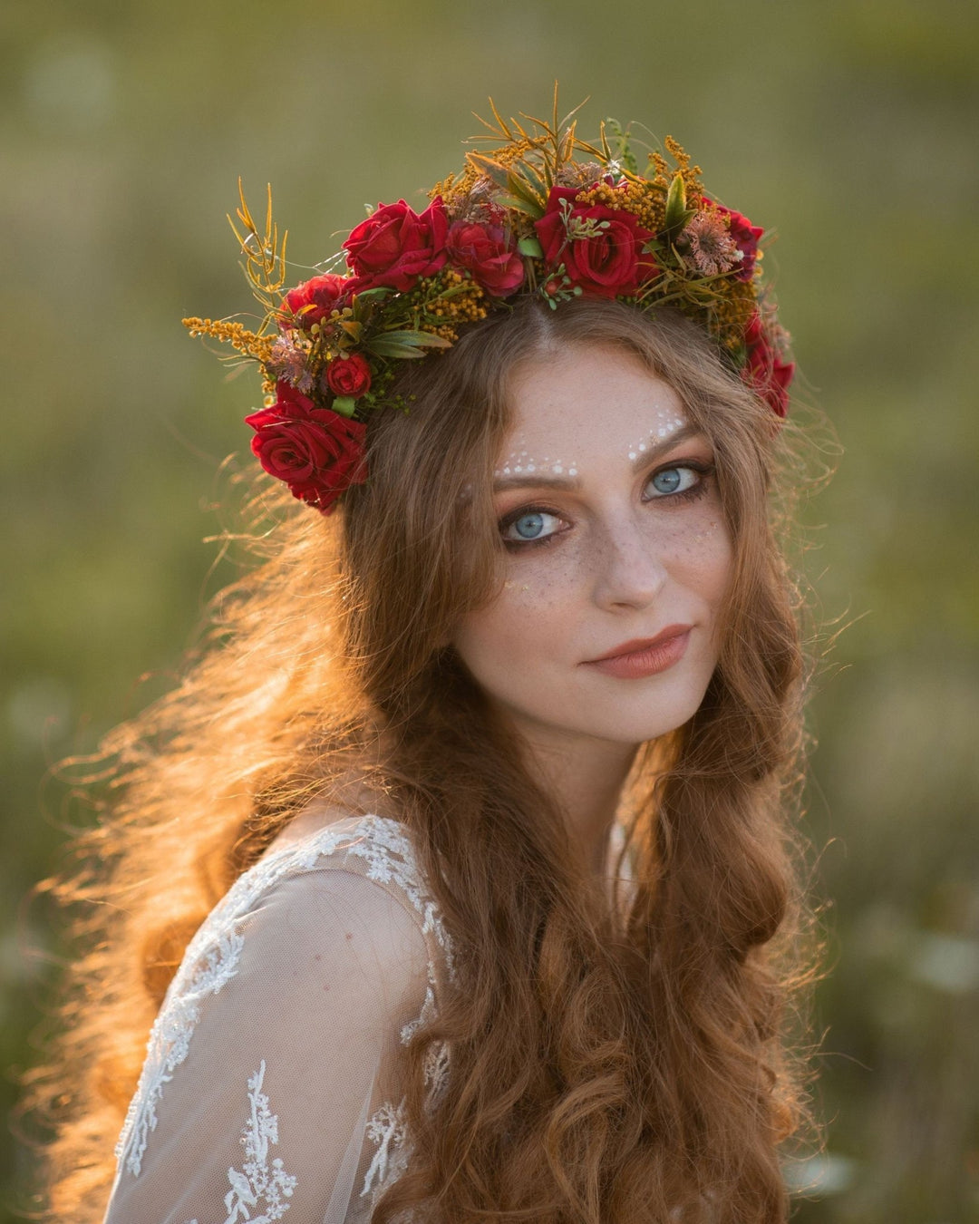 Red Burgundy Wedding Half Wreath: Boho Bridal Flower Crown – handmade floral hair accessory by magaela