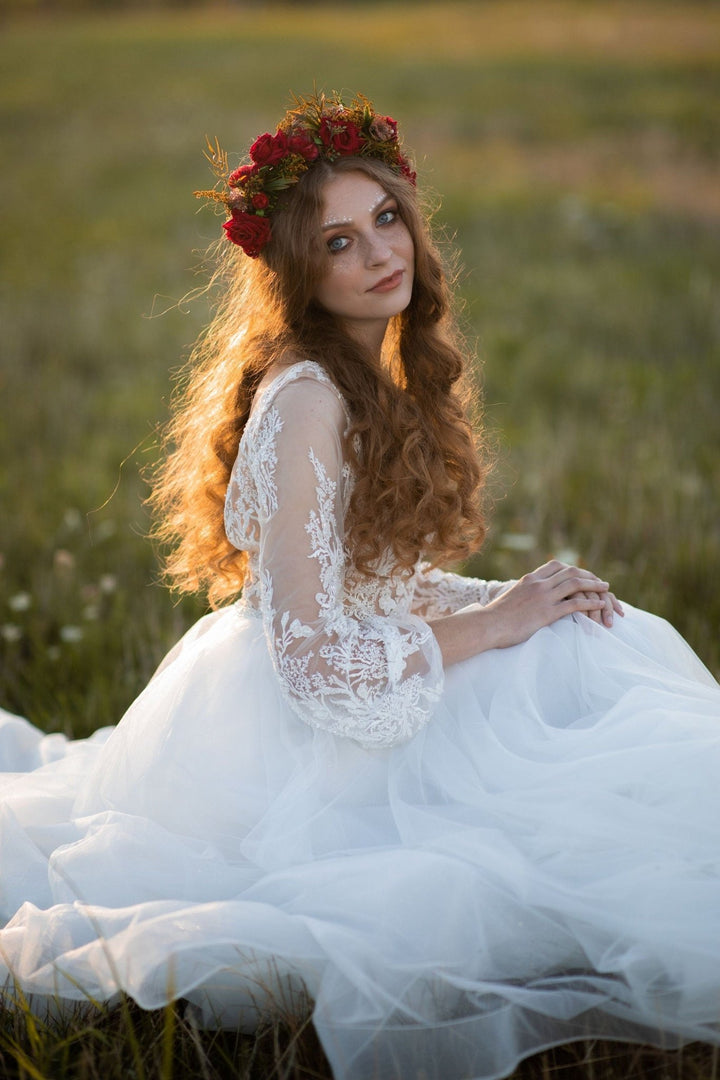 Red Burgundy Wedding Half Wreath: Boho Bridal Flower Crown – handmade floral hair accessory by magaela