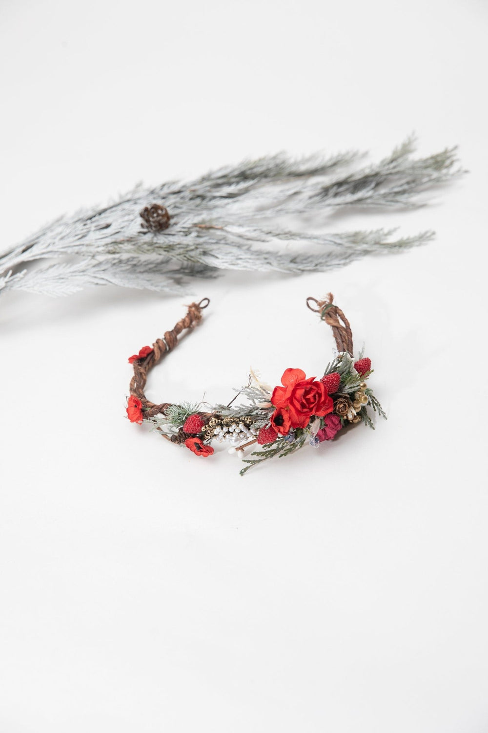 Christmas Flower Half Wreath: Red Rose & Strawberry Bridal Headpiece – handmade floral hair accessory by magaela