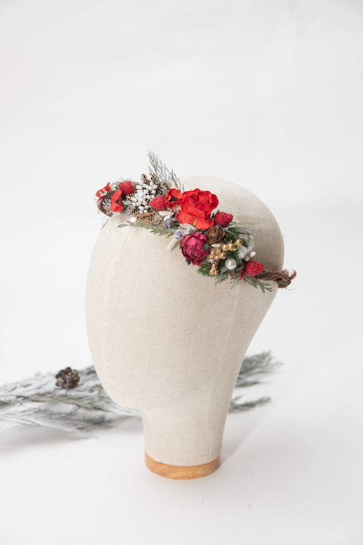 Christmas Flower Half Wreath: Red Rose & Strawberry Bridal Headpiece – handmade floral hair accessory by magaela