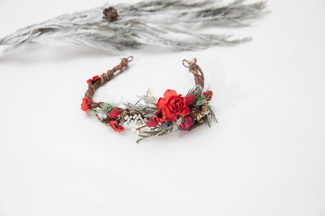 Christmas Flower Half Wreath: Red Rose & Strawberry Bridal Headpiece – handmade floral hair accessory by magaela