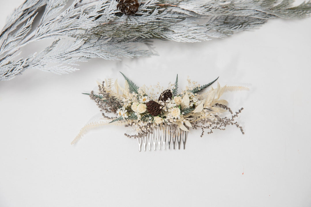 Winter Wedding Hair Comb: Pine Cone & Ivory Flower Bridal Headpiece – handmade floral hair accessory by magaela