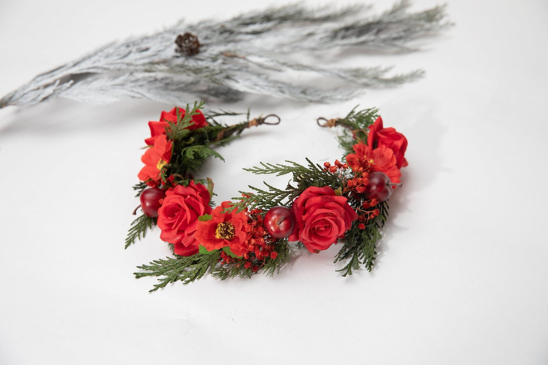 Red Rose Christmas Wreath: Winter Wedding Bridal Headpiece – handmade floral hair accessory by magaela