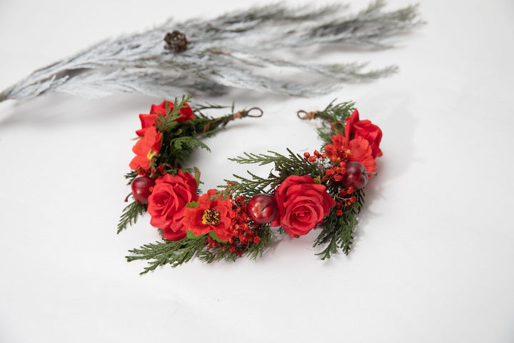 Red Rose Christmas Wreath: Winter Wedding Bridal Headpiece – handmade floral hair accessory by magaela