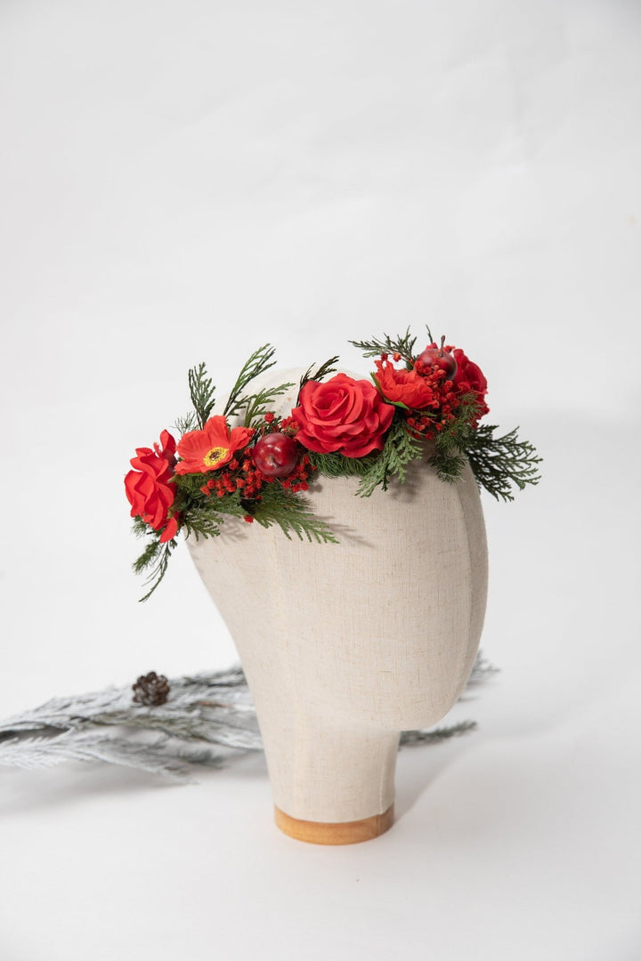 Red Rose Christmas Wreath: Winter Wedding Bridal Headpiece – handmade floral hair accessory by magaela