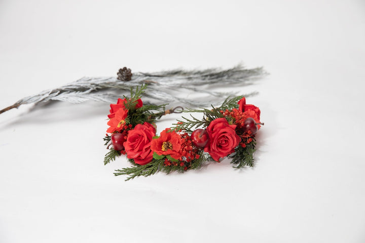 Red Rose Christmas Wreath: Winter Wedding Bridal Headpiece – handmade floral hair accessory by magaela