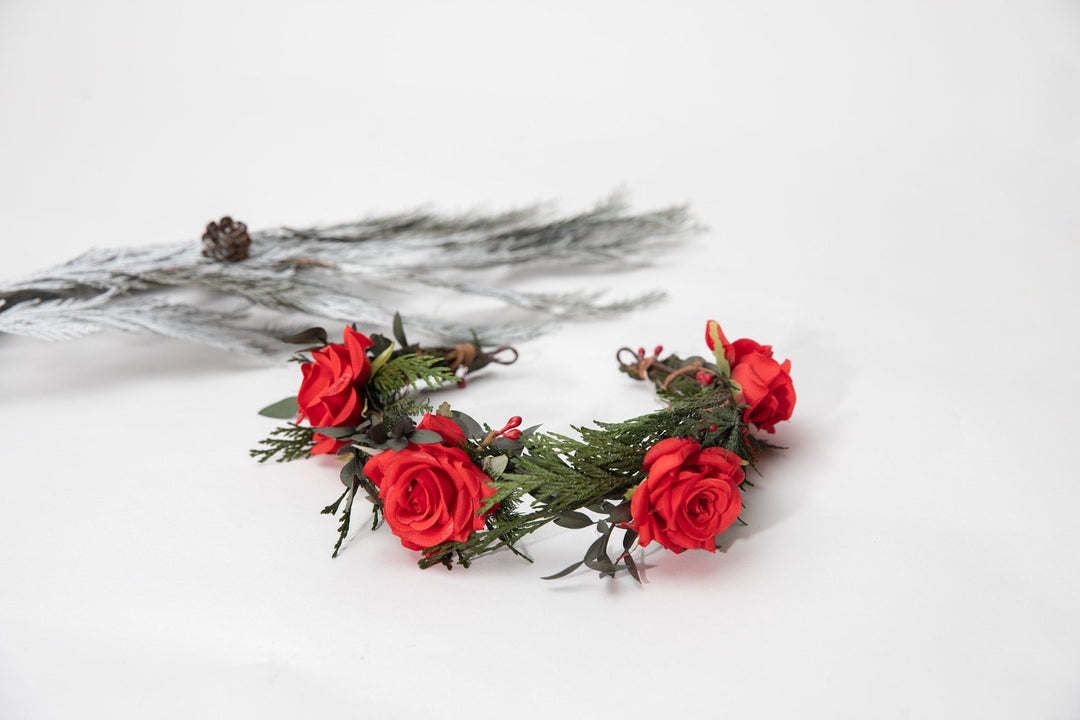 Red Rose Half Wreath: Christmas Wedding Flower Crown – handmade floral hair accessory by magaela
