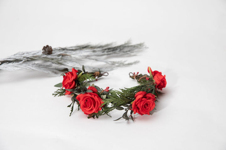 Red Rose Half Wreath: Christmas Wedding Flower Crown – handmade floral hair accessory by magaela