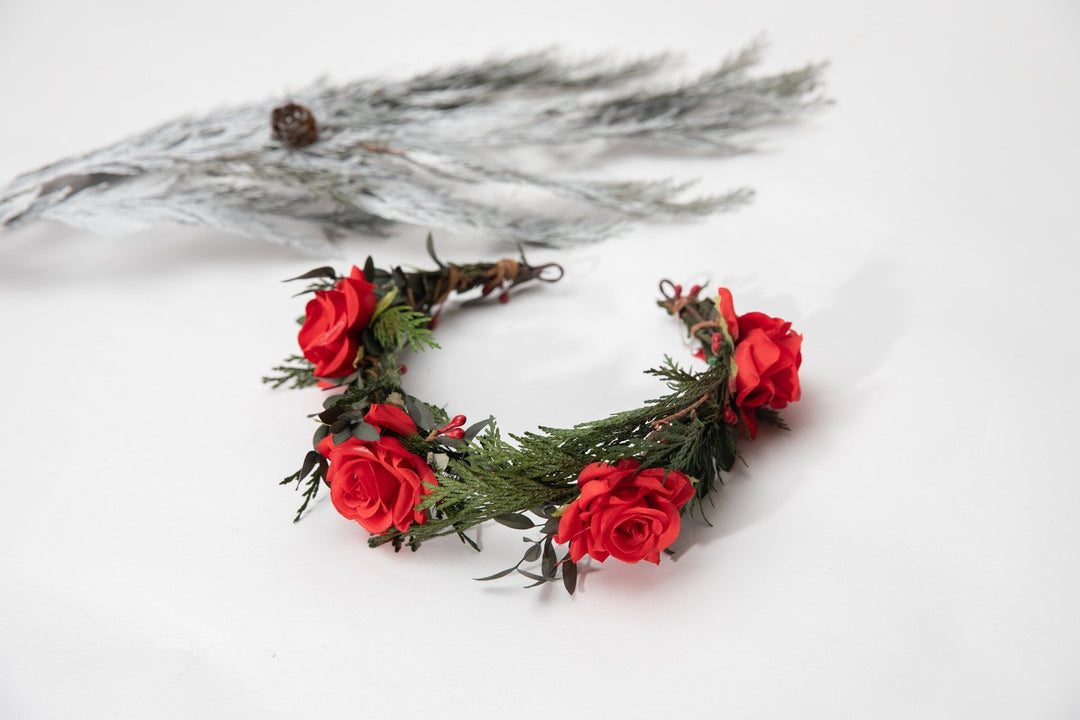 Red Rose Half Wreath: Christmas Wedding Flower Crown – handmade floral hair accessory by magaela