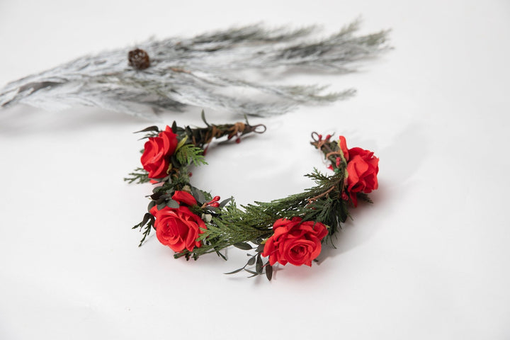 Red Rose Half Wreath: Christmas Wedding Flower Crown – handmade floral hair accessory by magaela