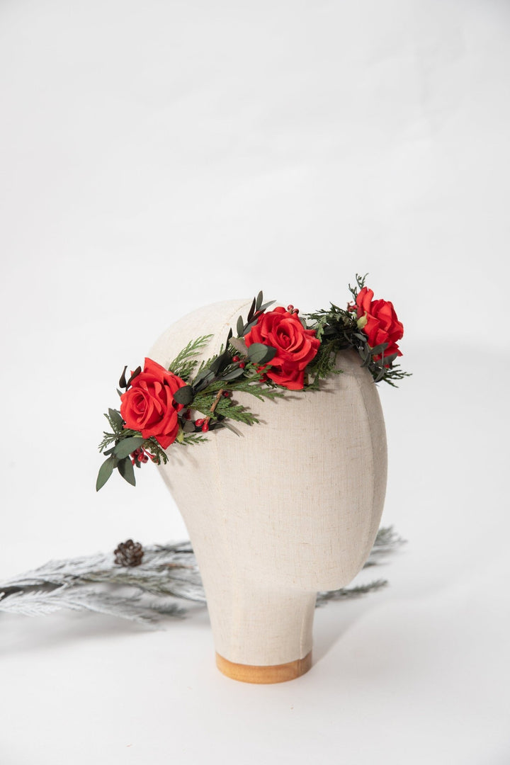 Red Rose Half Wreath: Christmas Wedding Flower Crown – handmade floral hair accessory by magaela