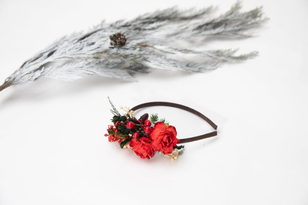 Red Rose Christmas Headband: Winter Floral Headpiece – handmade floral hair accessory by magaela