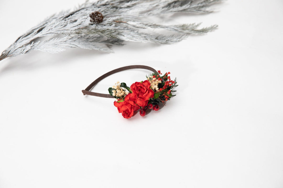 Red Rose Christmas Headband: Winter Floral Headpiece – handmade floral hair accessory by magaela
