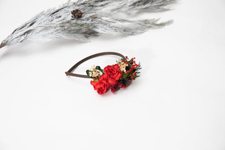 Red Rose Christmas Headband: Winter Floral Headpiece – handmade floral hair accessory by magaela