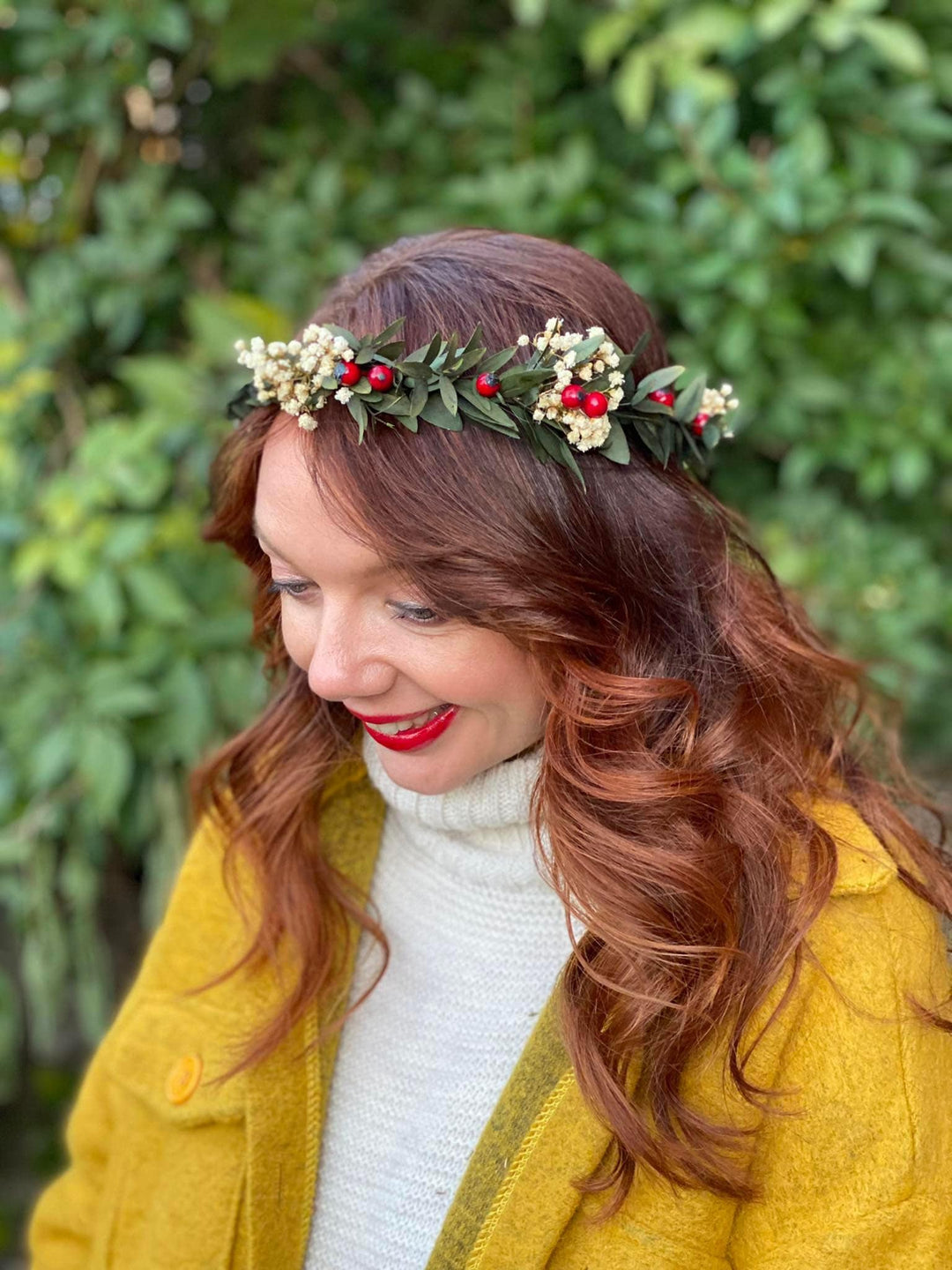 Christmas Hair Crown: Rose Hips, Eucalyptus, Baby's Breath Headpiece – handmade floral hair accessory by magaela