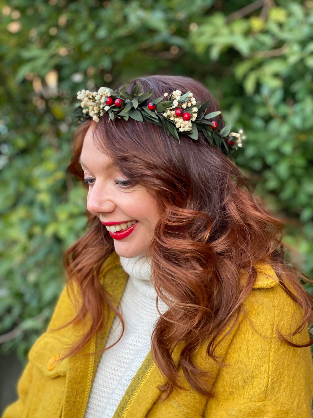 Christmas Hair Crown: Rose Hips, Eucalyptus, Baby's Breath Headpiece – handmade floral hair accessory by magaela