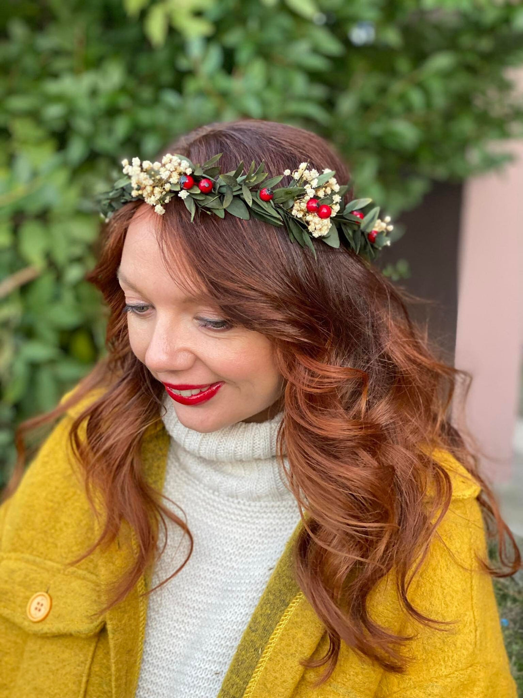 Christmas Hair Crown: Rose Hips, Eucalyptus, Baby's Breath Headpiece – handmade floral hair accessory by magaela