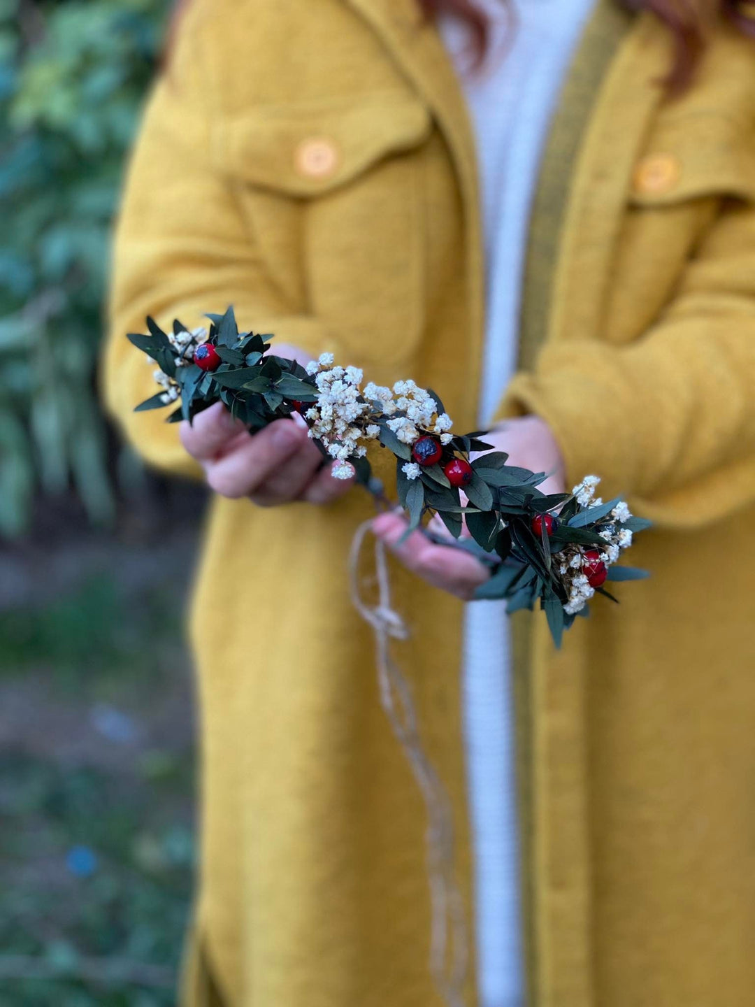 Christmas Hair Crown: Rose Hips, Eucalyptus, Baby's Breath Headpiece – handmade floral hair accessory by magaela