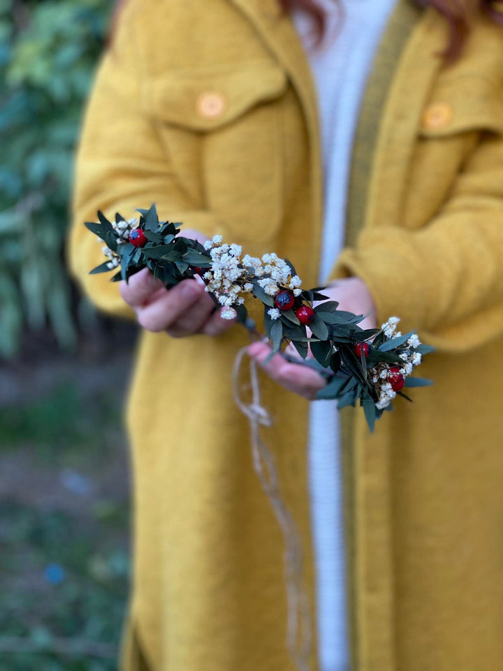 Christmas Hair Crown: Rose Hips, Eucalyptus, Baby's Breath Headpiece – handmade floral hair accessory by magaela