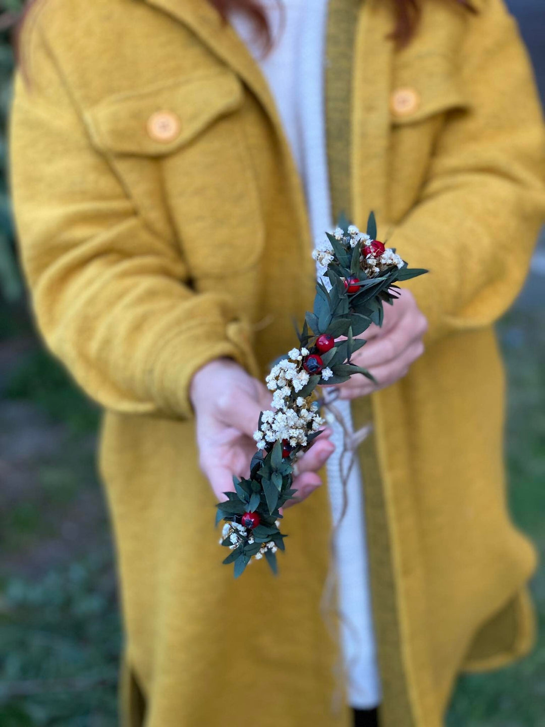 Christmas Hair Crown: Rose Hips, Eucalyptus, Baby's Breath Headpiece – handmade floral hair accessory by magaela