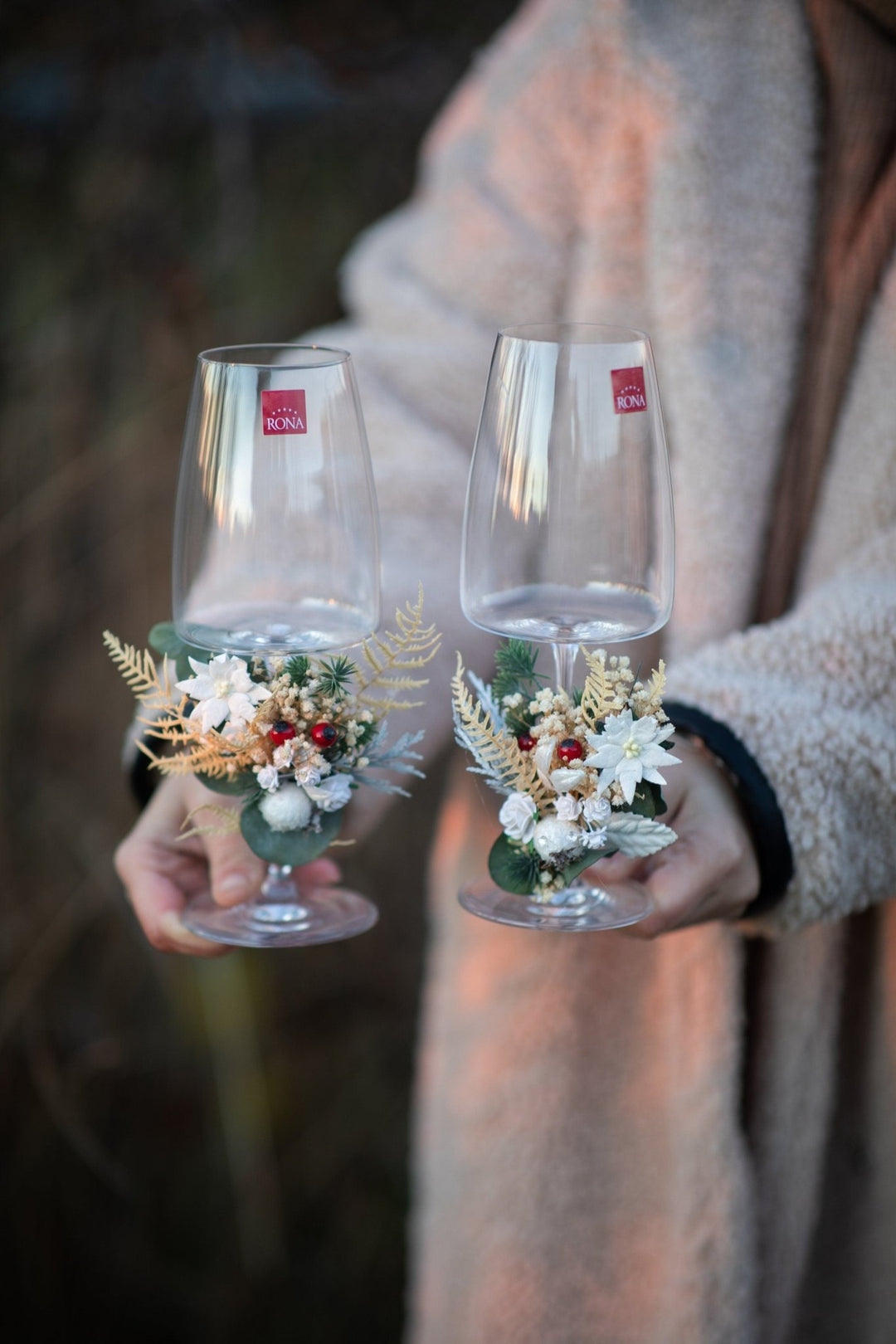 Floral Christmas Wedding Glasses: Bride and Groom Champagne Flutes – handmade floral hair accessory by magaela