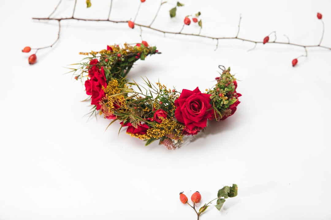 Red Burgundy Wedding Half Wreath: Boho Bridal Flower Crown – handmade floral hair accessory by magaela