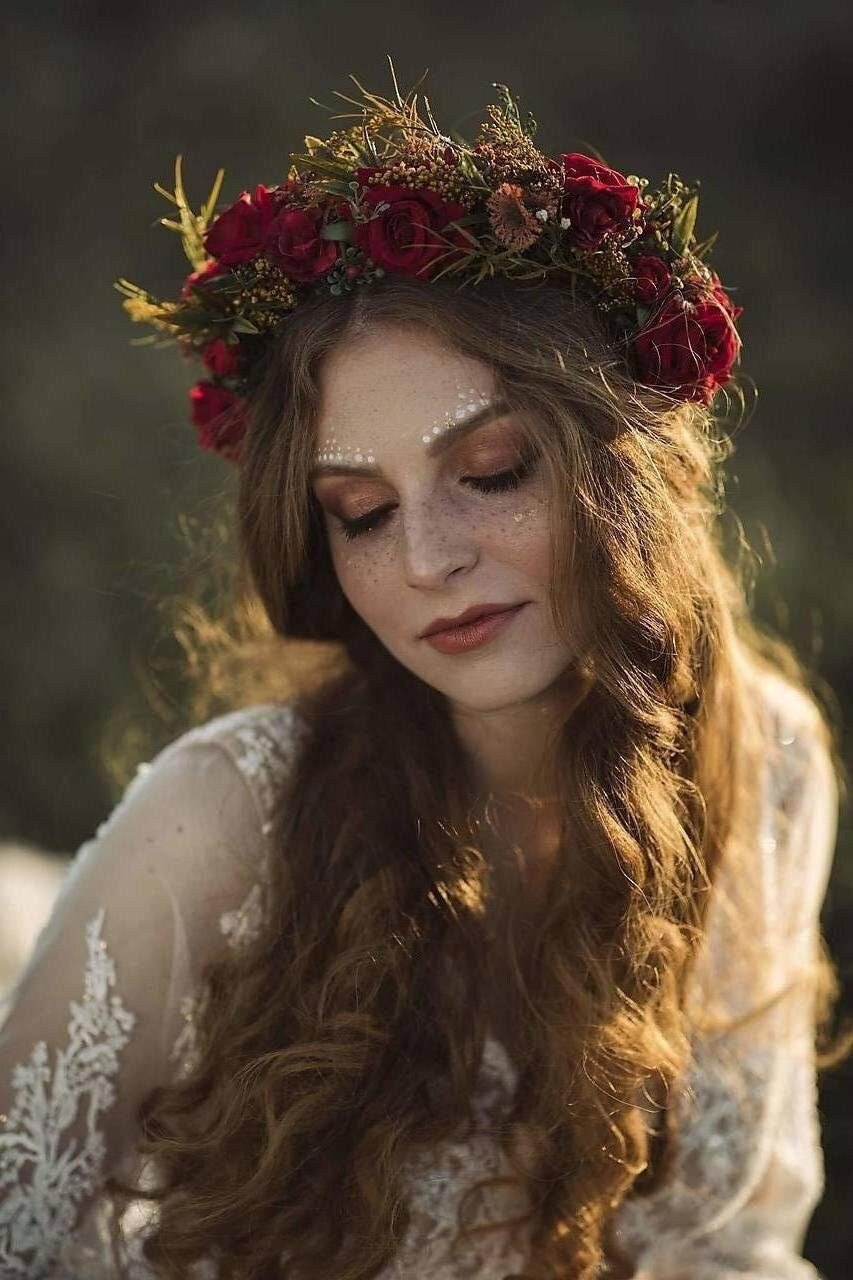 Red Burgundy Wedding Half Wreath: Boho Bridal Flower Crown – handmade floral hair accessory by magaela