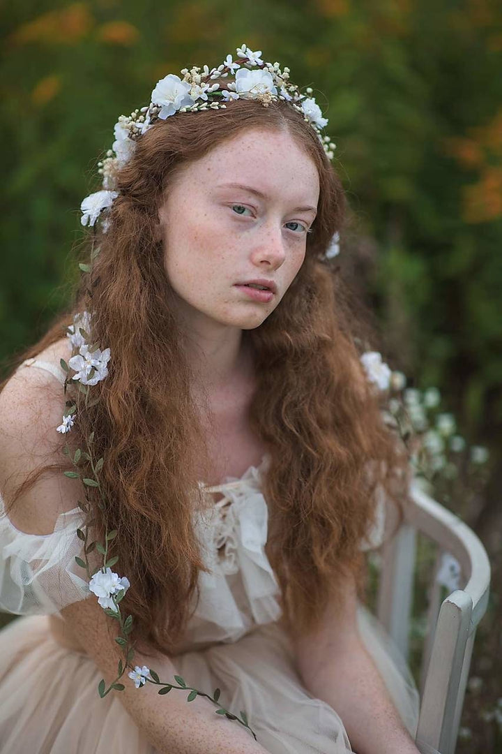 White Flower Bridal Hair Wreath: Romantic Vine Crown – handmade floral hair accessory by magaela