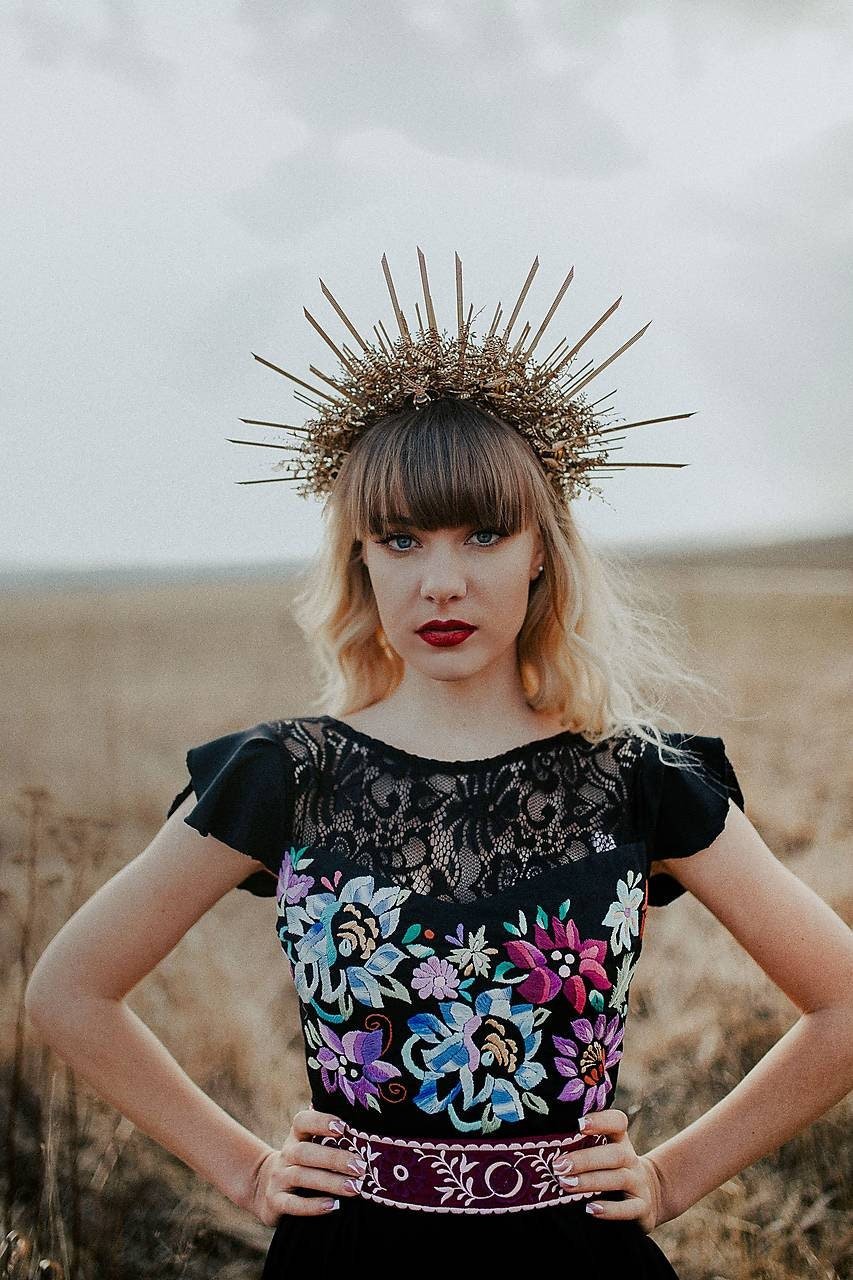 Golden Spiked Halo Crown: Wedding Sunburst Flower Hair Accessory – handmade floral hair accessory by magaela