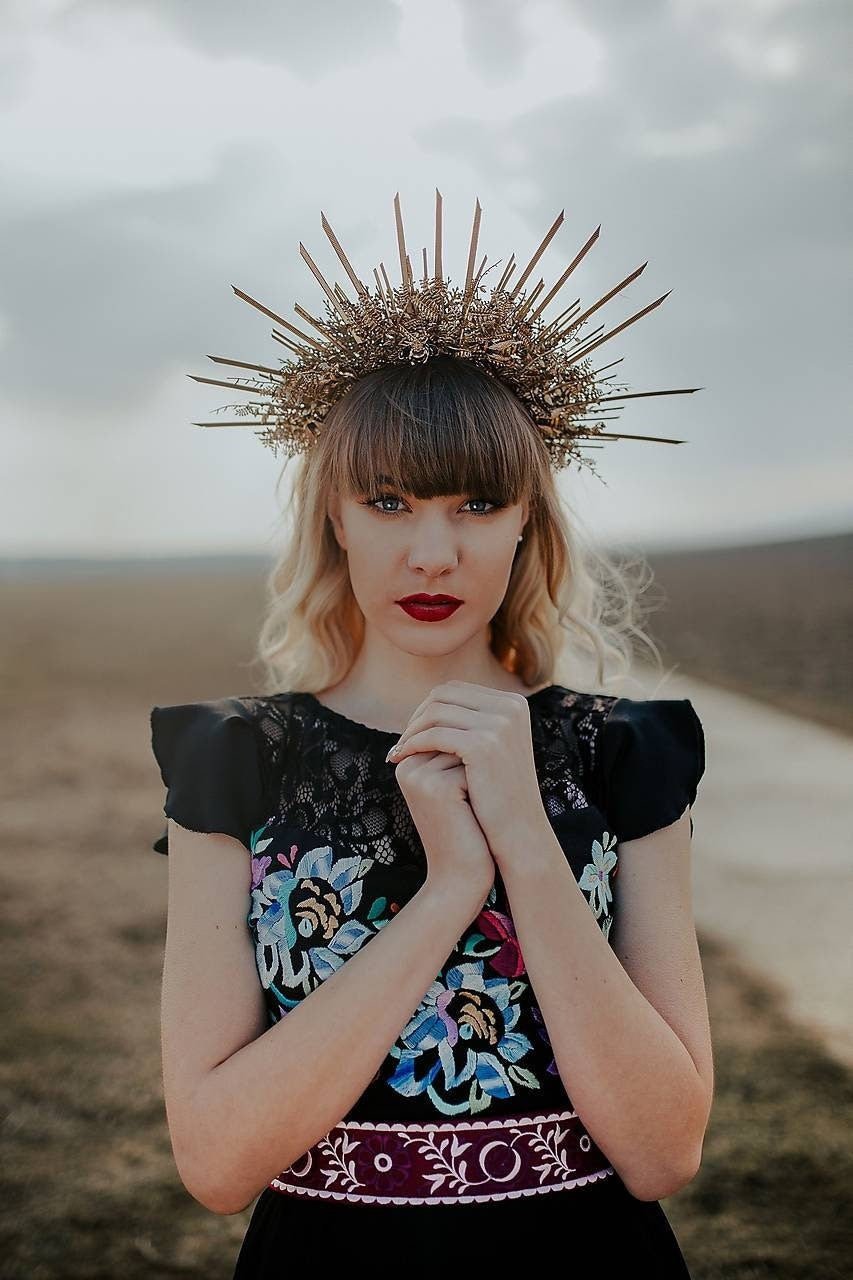 Golden Spiked Halo Crown: Wedding Sunburst Flower Hair Accessory – handmade floral hair accessory by magaela