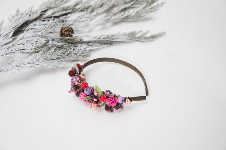 Winter Flower Headband: Pine Cones, Pink Roses, Woodland Headpiece – handmade floral hair accessory by magaela
