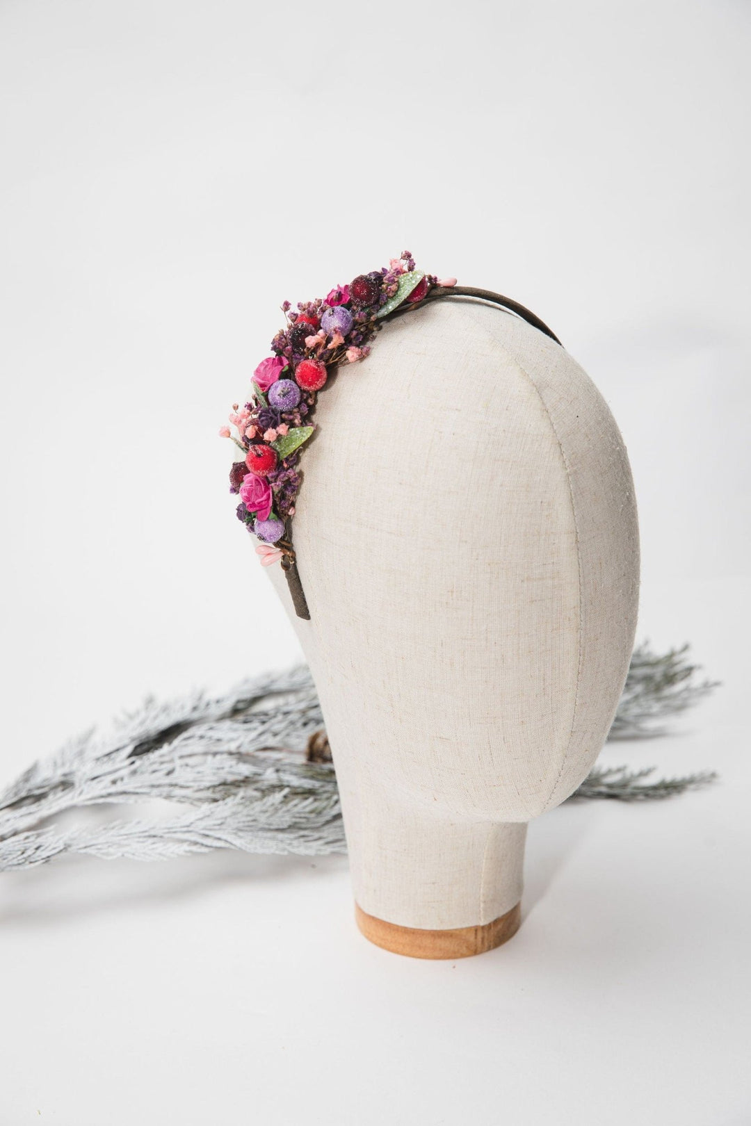 Winter Flower Headband: Pine Cones, Pink Roses, Woodland Headpiece – handmade floral hair accessory by magaela