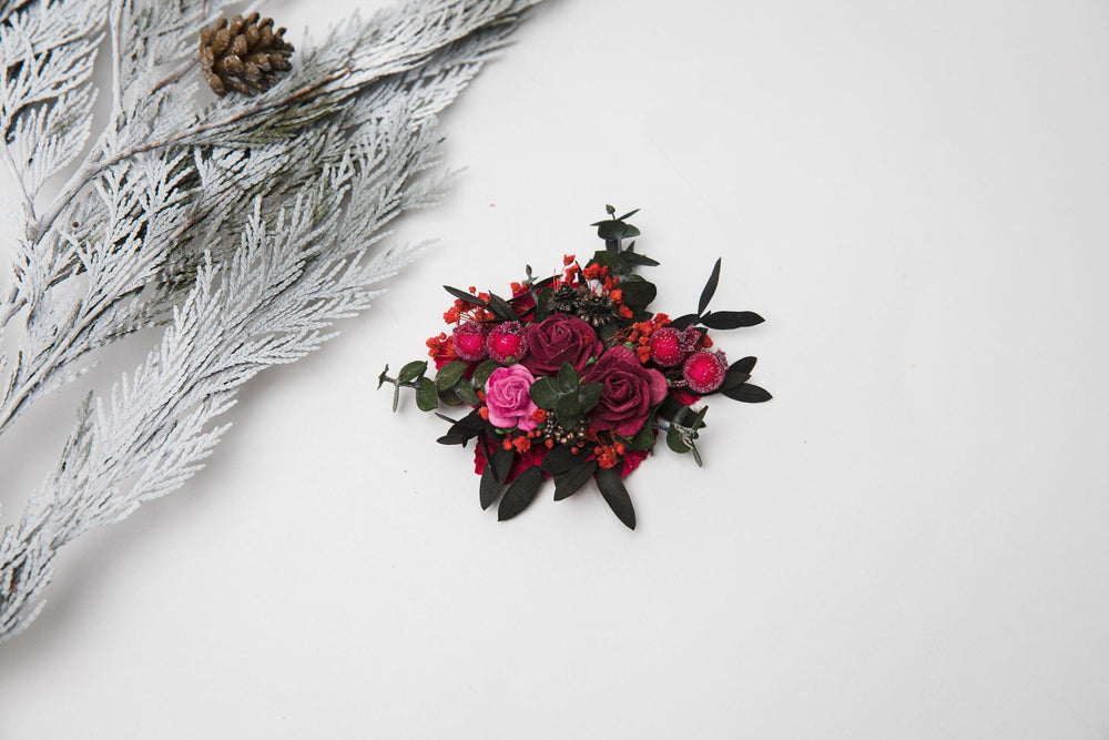 Pink Rose Brooch: Frozen Berry Wedding Corsage, Handmade – handmade floral hair accessory by magaela