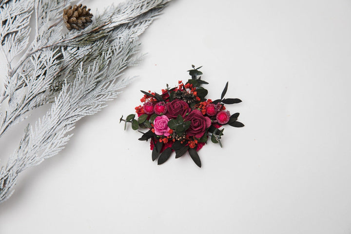 Pink Rose Brooch: Frozen Berry Wedding Corsage, Handmade – handmade floral hair accessory by magaela