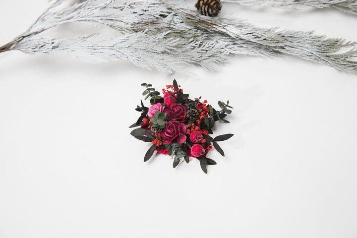 Pink Rose Brooch: Frozen Berry Wedding Corsage, Handmade – handmade floral hair accessory by magaela
