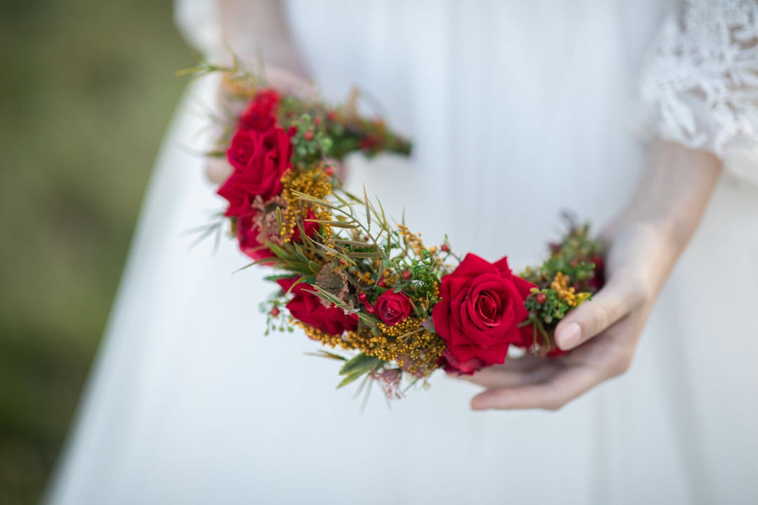 Red Burgundy Wedding Half Wreath: Boho Bridal Flower Crown – handmade floral hair accessory by magaela