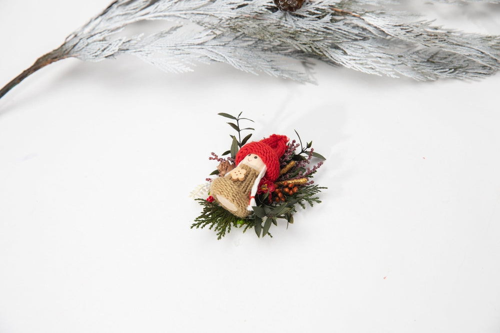 Christmas Doll Brooch: Unique Winter Flower Coat Pin – handmade floral hair accessory by magaela