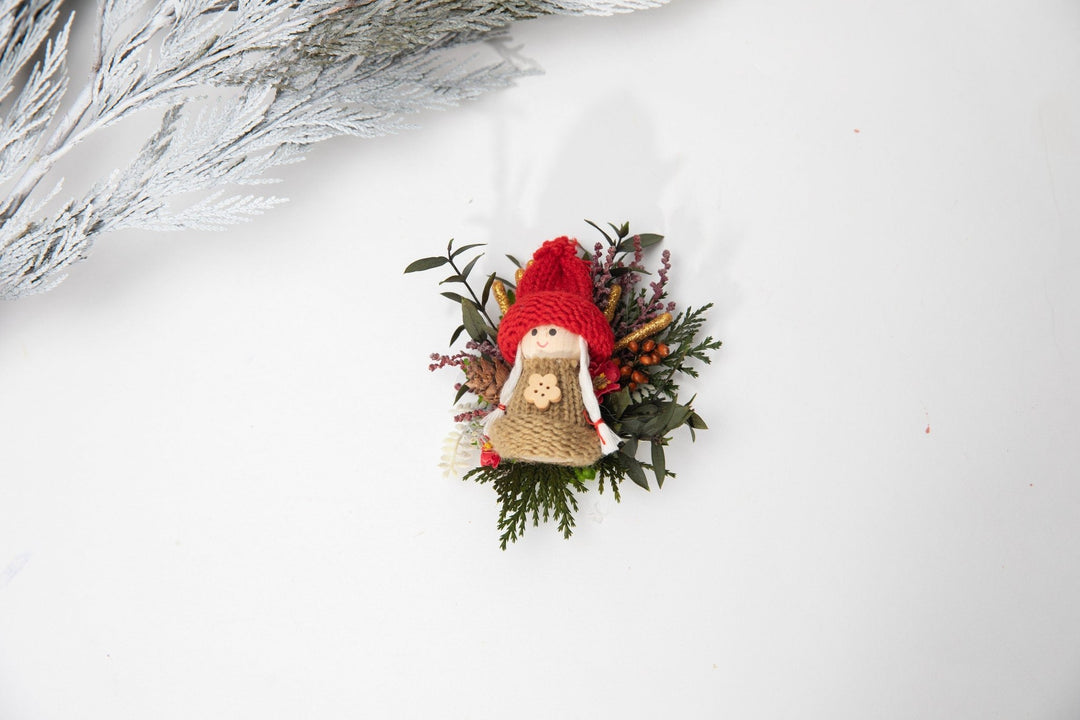 Christmas Doll Brooch: Unique Winter Flower Coat Pin – handmade floral hair accessory by magaela