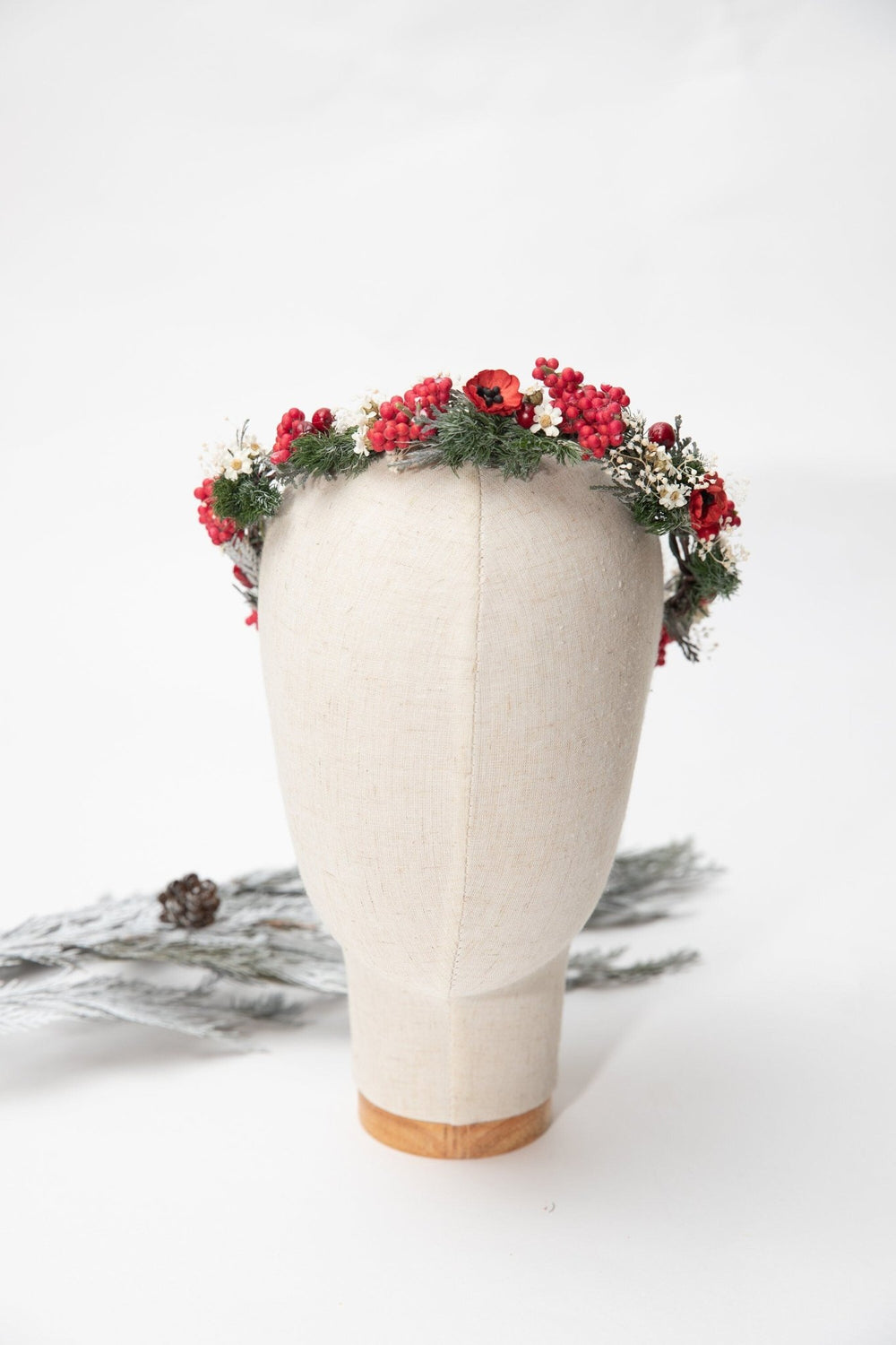 Red Christmas Flower Half Wreath: Winter Wedding Bridal Headpiece – handmade floral hair accessory by magaela