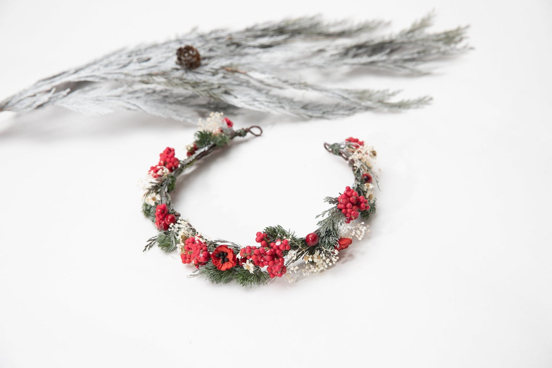Red Christmas Flower Half Wreath: Winter Wedding Bridal Headpiece – handmade floral hair accessory by magaela