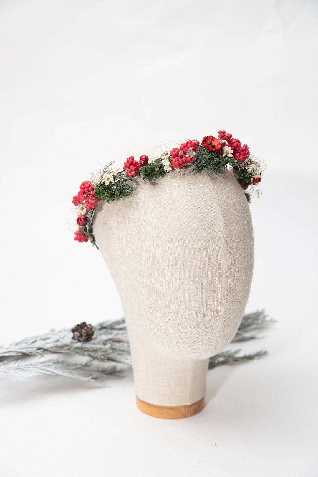 Red Christmas Flower Half Wreath: Winter Wedding Bridal Headpiece – handmade floral hair accessory by magaela