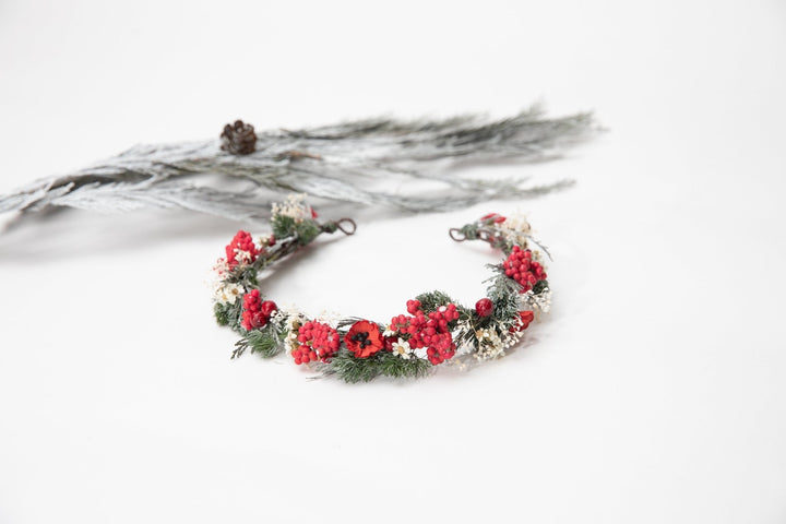 Red Christmas Flower Half Wreath: Winter Wedding Bridal Headpiece – handmade floral hair accessory by magaela