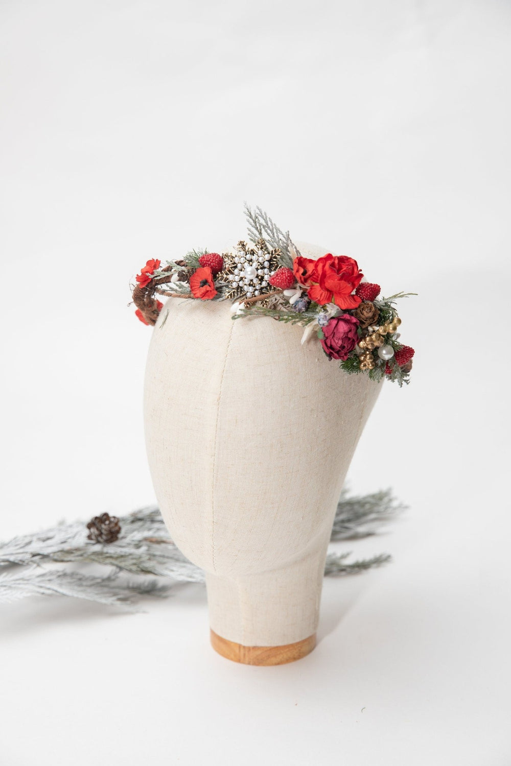 Christmas Flower Half Wreath: Red Rose & Strawberry Bridal Headpiece – handmade floral hair accessory by magaela