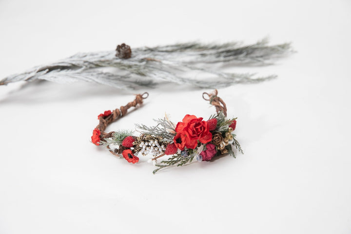 Christmas Flower Half Wreath: Red Rose & Strawberry Bridal Headpiece – handmade floral hair accessory by magaela