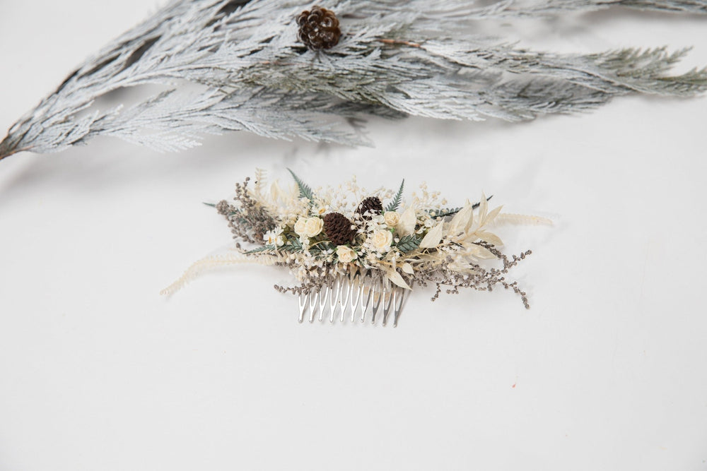 Winter Wedding Hair Comb: Pine Cone & Ivory Flower Bridal Headpiece – handmade floral hair accessory by magaela