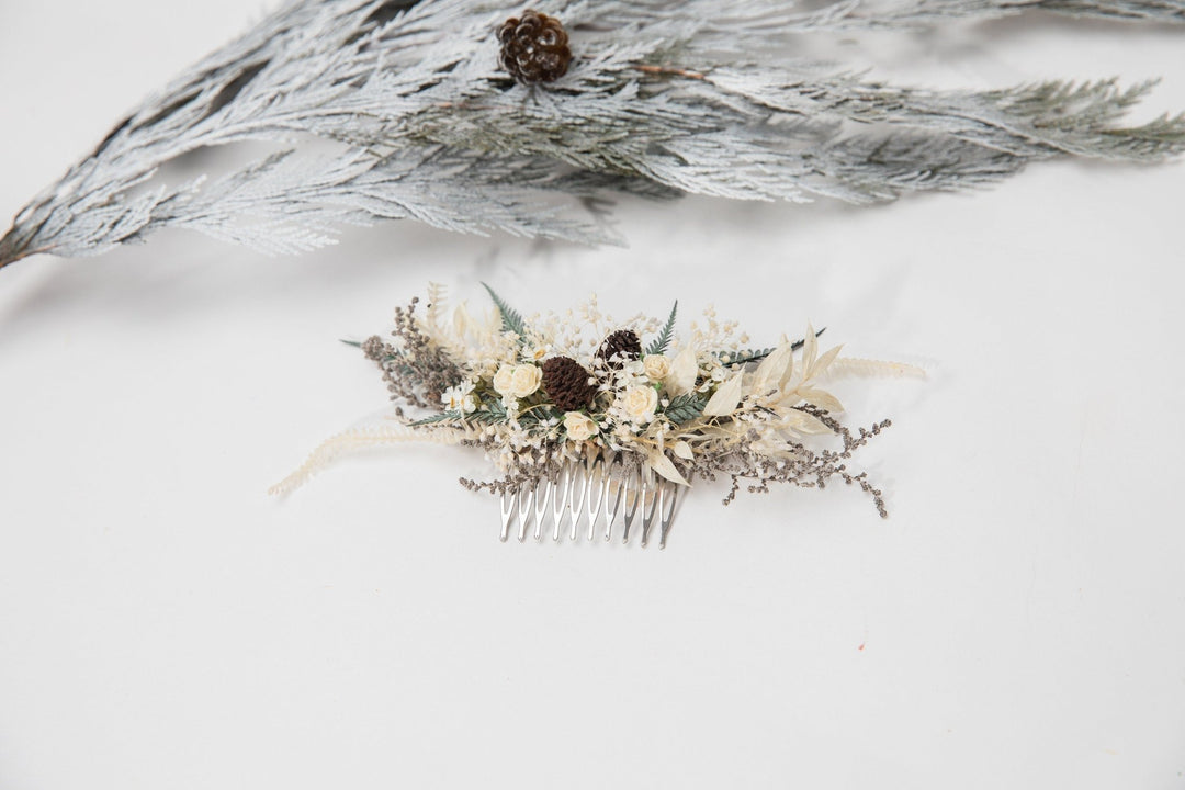 Winter Wedding Hair Comb: Pine Cone & Ivory Flower Bridal Headpiece – handmade floral hair accessory by magaela