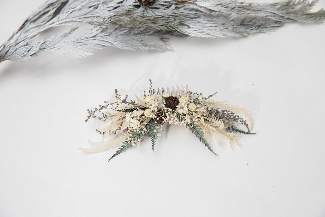 Winter Wedding Hair Comb: Pine Cone & Ivory Flower Bridal Headpiece – handmade floral hair accessory by magaela